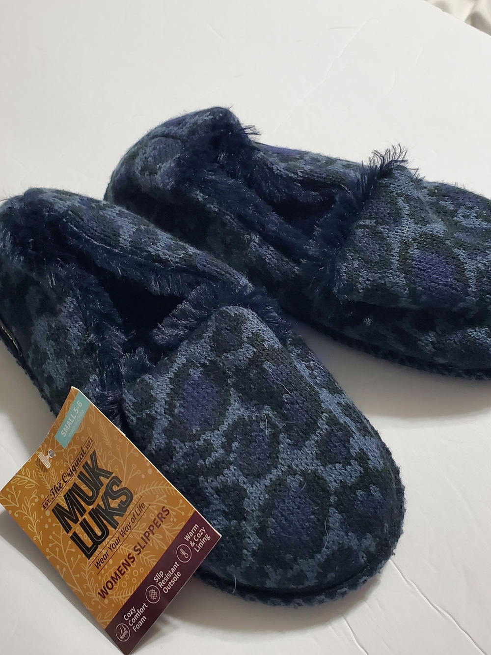 Muk Luks Navy Blue Patterned Furry Slip-On Slippers
